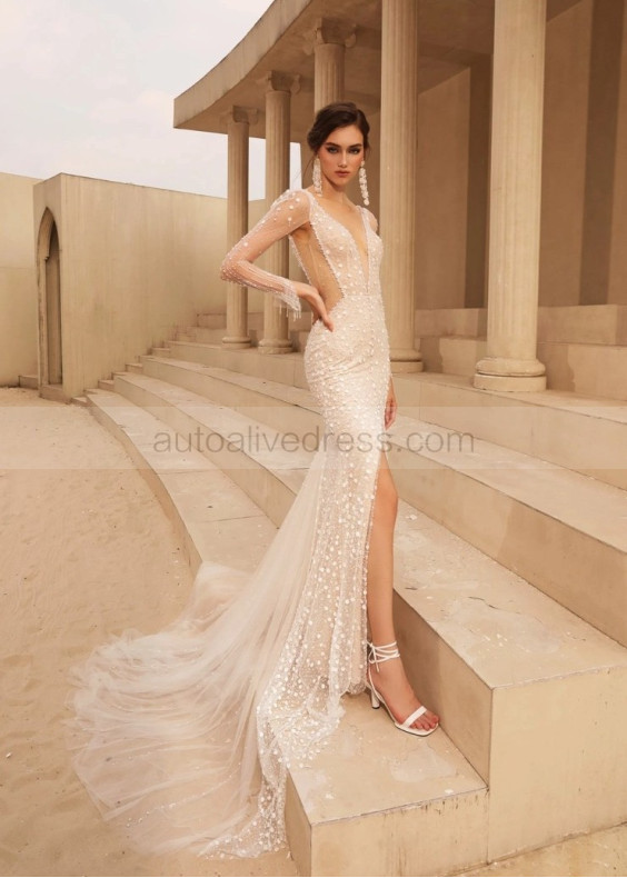 Luxury Beaded Lace Tulle V Back Wedding Dress